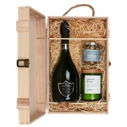 Nua Prosecco & Adhock Homeware Rhubarb & Rose Wine Bottle Candle Wooden Box Gift Set