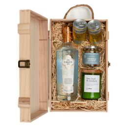 The Lakes Gin, Adhock Homeware Lime, Basil & Mandarin Wine Bottle Candle, & Luxury Nibbles Wooden Gift Box Set