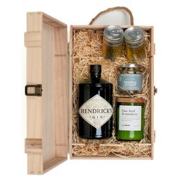 Hendricks Gin, Adhock Homeware Lime, Basil & Mandarin Wine Bottle Candle, & Luxury Nibbles Wooden Gift Box Set