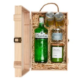 Gordon's Gin, Adhock Homeware Lime, Basil & Mandarin Wine Bottle Candle, & Luxury Nibbles Wooden Gift Box Set