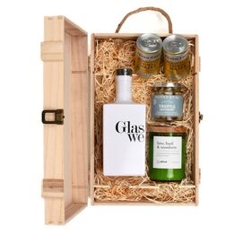 Glaswegin Original Gin, Adhock Homeware Lime, Basil & Mandarin Wine Bottle Candle, & Luxury Nibbles Wooden Gift Box Set