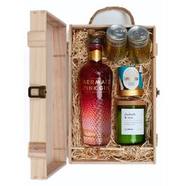 Mermaid Pink Gin Gin, Adhock Homeware Rhubarb & Rose Wine Bottle Candle, & Luxury Nibbles Wooden Gift Box Set