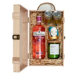 Gordon's Pink Gin, Adhock Homeware Rhubarb & Rose Wine Bottle Candle, & Luxury Nibbles Wooden Gift Box Set