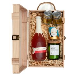 Tarquin's Rhubarb & Raspberry Gin, Adhock Homeware Rhubarb & Rose Wine Bottle Candle, & Luxury Nibbles Wooden Gift Box Set