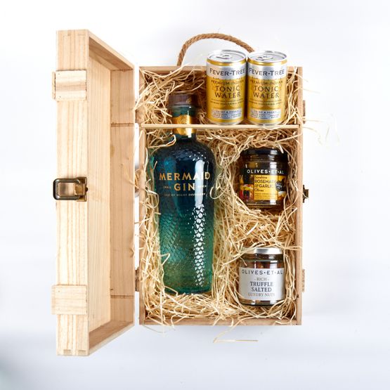 Mermaid Gin &amp; Luxury Nibbles Wooden Gift Box Set