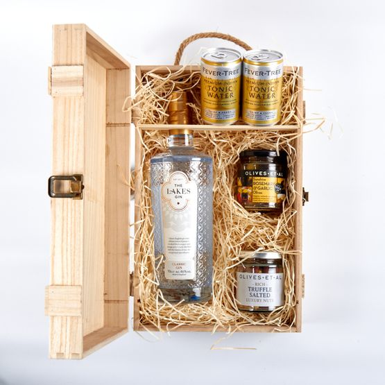The Lakes Gin &amp; Luxury Nibbles Wooden Gift Box Set