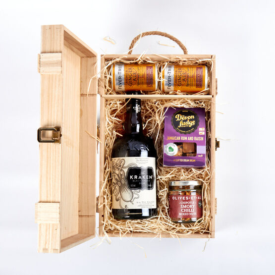Kraken Black Spiced Rum & Luxury Nibbles Wooden Gift Box Set