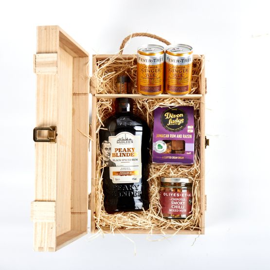 Peaky Blinders Black Spiced Rum &amp; Luxury Nibbles Wooden Gift Box Set