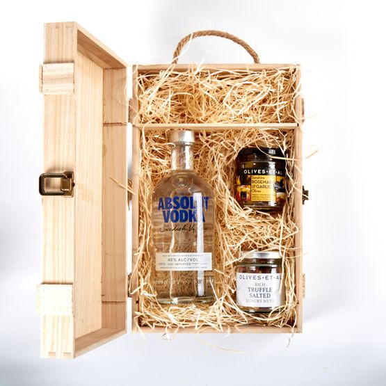 Absolut Vodka &amp; Luxury Nibbles Wooden Gift Box Set