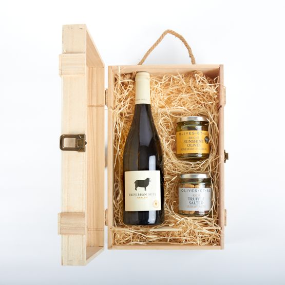 Trevibban Mill Harlyn White Wine &amp; Nibbles Wooden Gift Box