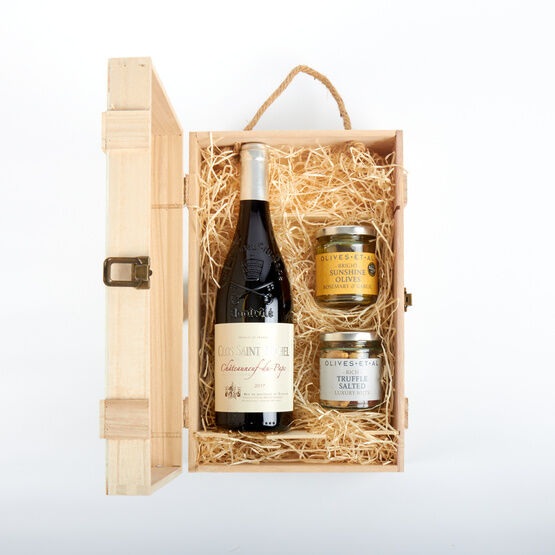 Clos Saint Michel Chateauneuf-du-Pape 'Cuvee Special' Red Wine & Nibbles Wooden Gift Box