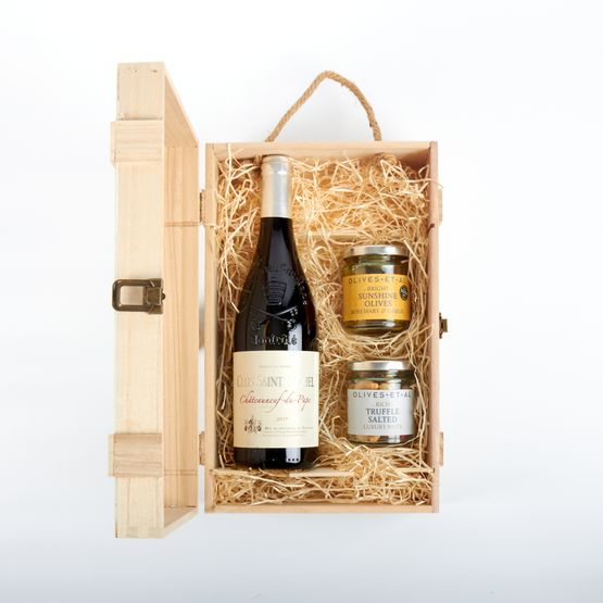 Clos Saint Michel Chateauneuf-du-Pape 'Cuvee Special' Red Wine &amp; Nibbles Wooden Gift Box