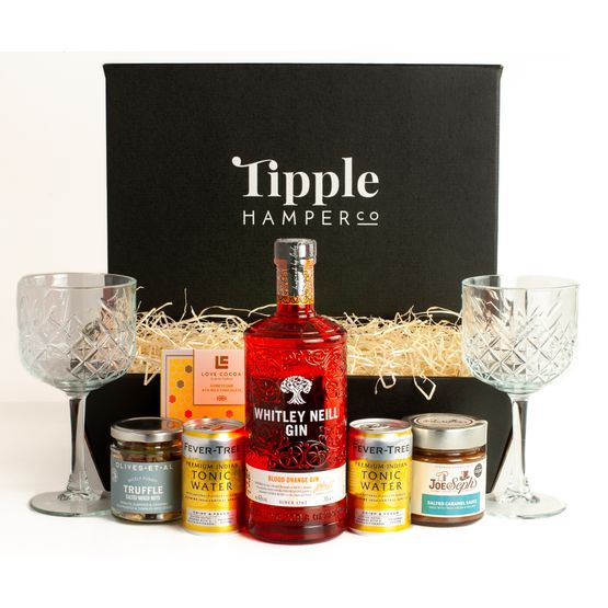 Whitley Neill Blood Orange Gin, Tonic, Vintage Gin Glasses, &amp; Luxury Snacks Hamper