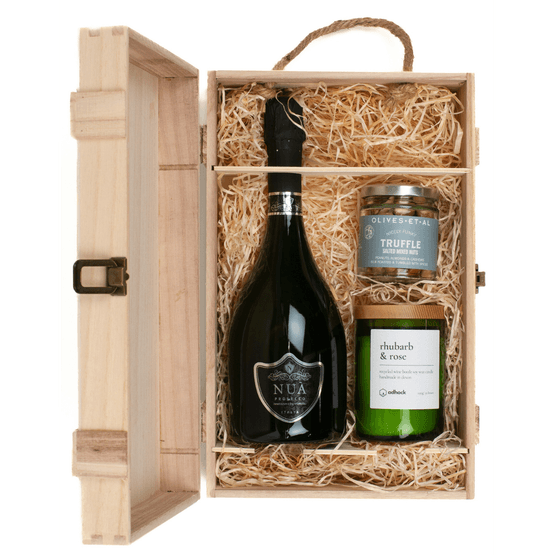 Nua Prosecco &amp; Wine Bottle Candle Wooden Box Gift Set