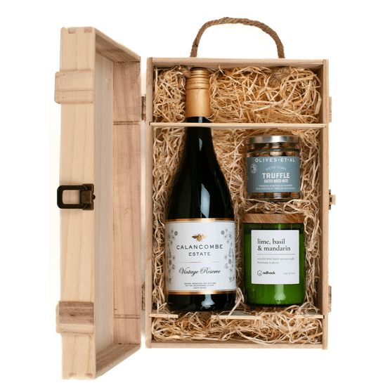 Calancombe Estate Vintage Reserve &amp; Wine Bottle Candle Wooden Box Gift Set
