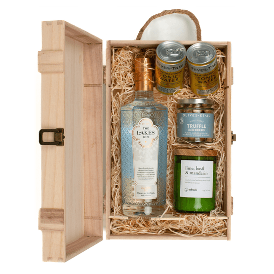 The Lakes Gin, Wine Bottle Candle, &amp; Luxury Nibbles Wooden Gift Box Set