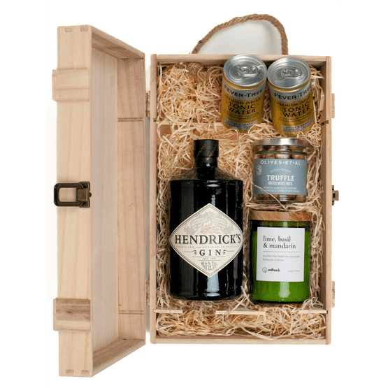 Hendricks Gin, Wine Bottle Candle, &amp; Luxury Nibbles Wooden Gift Box Set