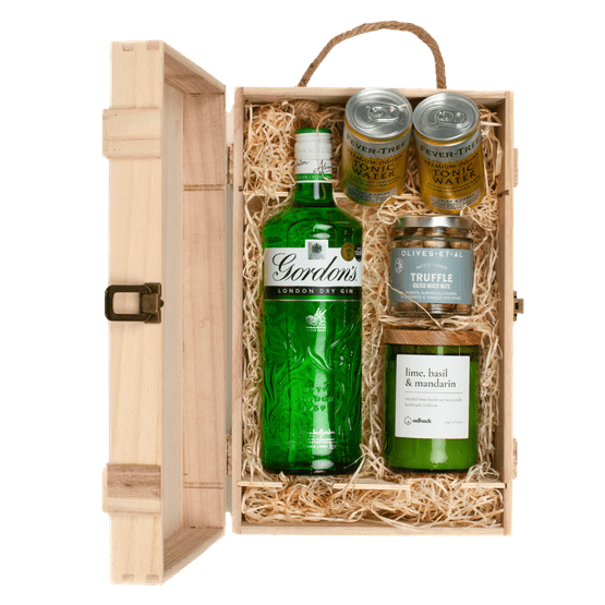 Gordon's Gin, Wine Bottle Candle, &amp; Luxury Nibbles Wooden Gift Box Set