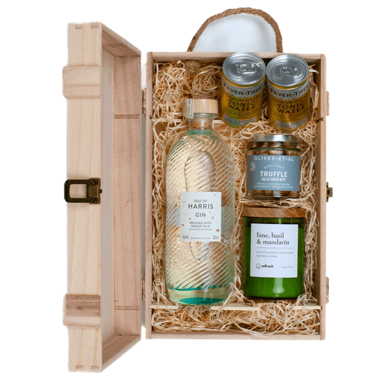 Isle of Harris Gin, Wine Bottle Candle, &amp; Luxury Nibbles Wooden Gift Box Set