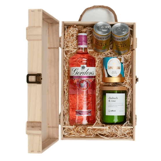 Gordon's Pink Gin, Wine Bottle Candle, &amp; Luxury Nibbles Wooden Gift Box Set