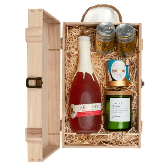 Tarquin's Rhubarb &amp; Raspberry Gin, Wine Bottle Candle, &amp; Luxury Nibbles Wooden Gift Box Set