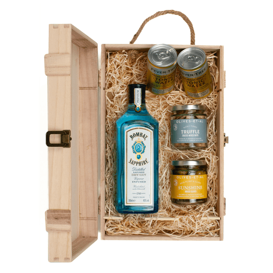 Bombay Sapphire Gin &amp; Luxury Nibbles Wooden Gift Box Set
