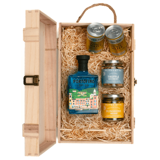 Portofino Gin &amp; Luxury Nibbles Wooden Gift Box Set