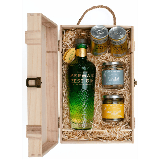 Mermaid Zest Gin &amp; Luxury Nibbles Wooden Gift Box Set