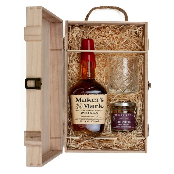Maker's Mark Boubon Whisky &amp; Luxury Nibbles Wooden Gift Box Set