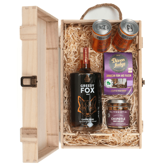 Greedy Fox Honeycomb and Caramel Rum &amp; Luxury Nibbles Wooden Gift Set