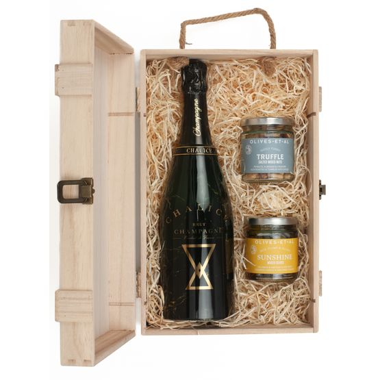 Chalice Brut Grand Cru Champagne &amp; Luxury Nibbles Wooden Gift Box Set