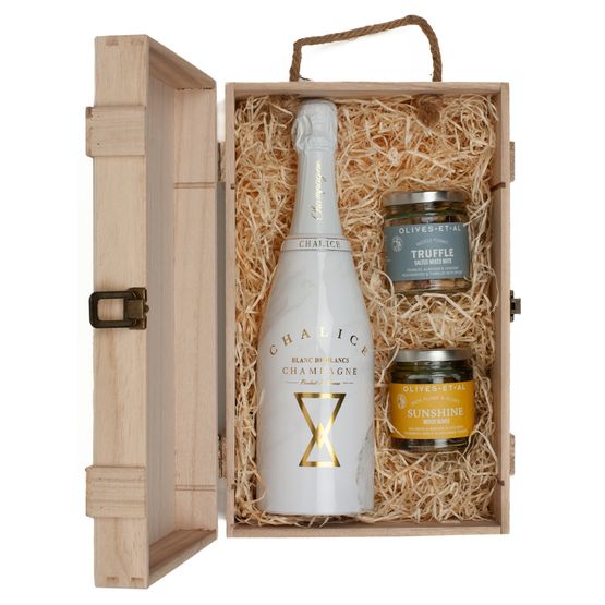 Chalice Blanc de Blancs Champagne &amp; Luxury Nibbles Wooden Gift Box Set