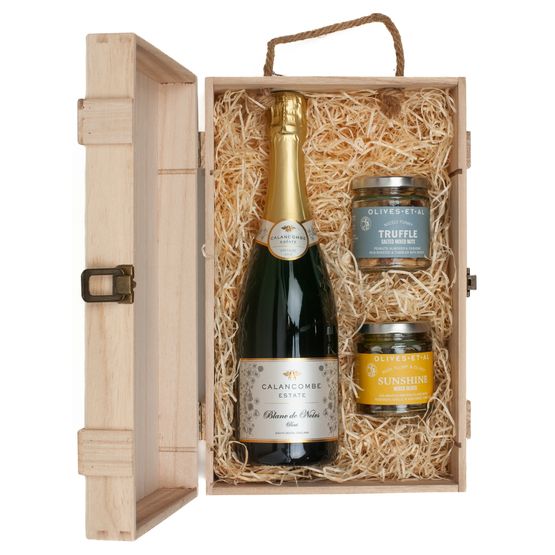 Calancombe Estate Blanc de Noirs Sparkling Wine &amp; Luxury Nibbles Wooden Gift Box Set