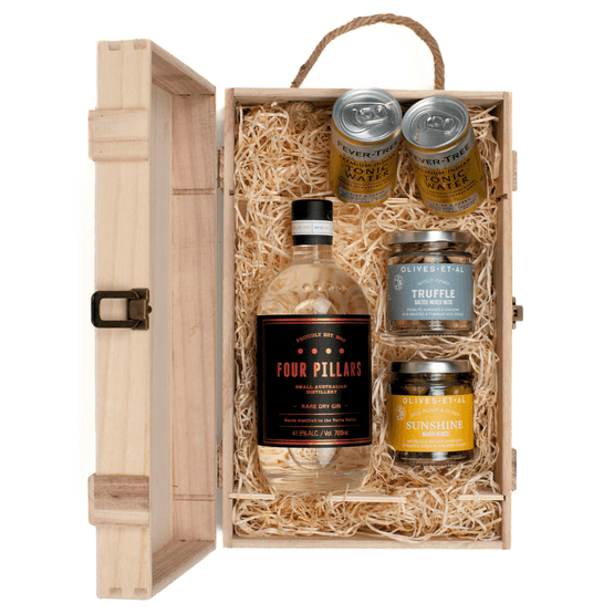 Four Pillars Rare Gin &amp; Luxury Nibbles Wooden Gift Box Set
