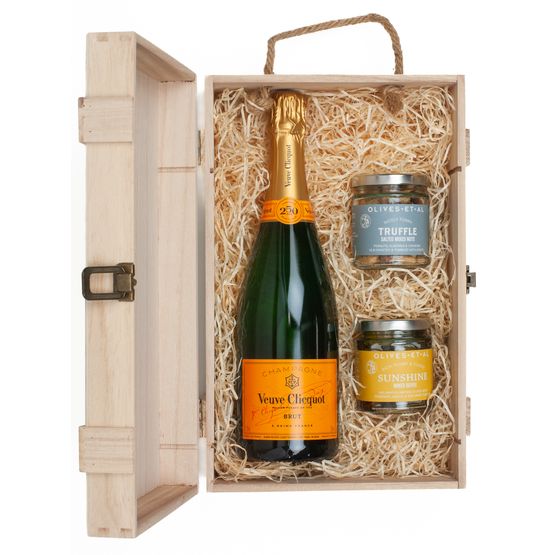 Veuve Clicquot Yellow Label Champagne &amp; Luxury Nibbles Wooden Gift Box Set