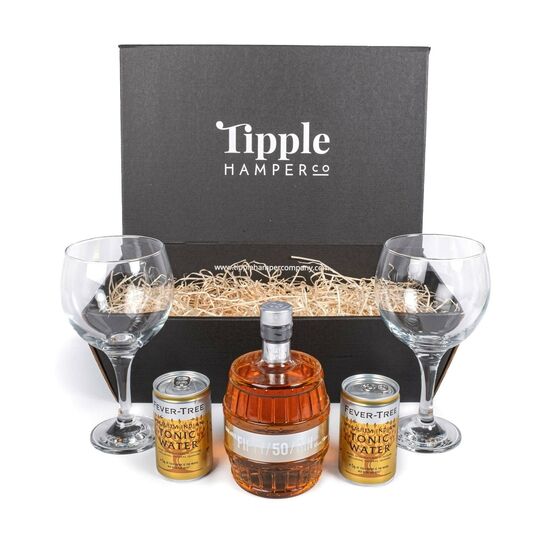 Fifty/50/Gin & Tonic Gift Set Hamper with 2 Glasses - 50% ABV