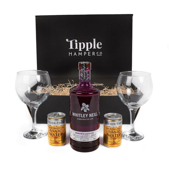 Whitley Neill Rhubarb &amp; Ginger Gin, Tonic &amp; Glasses Gift Set Hamper - 43% ABV