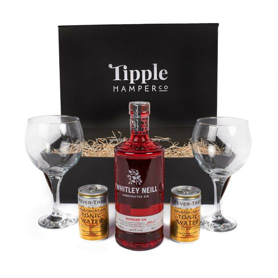 Whitley Neill Raspberry Gin, Tonic &amp; Glasses Gift Set Hamper - 43% ABV